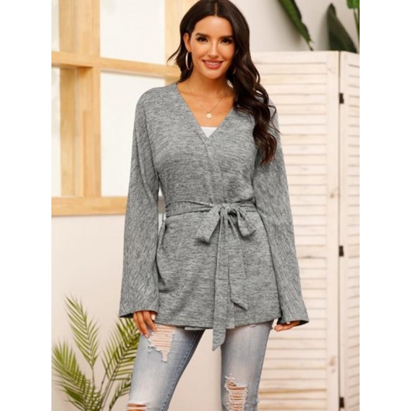 V Neck Belted Heathered Cardigan