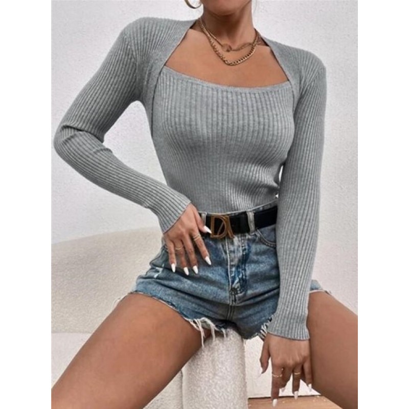 Faux Two Pieces Solid Color Knit Top
