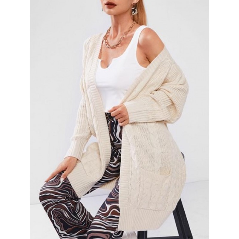 Cable Knit Patch Pocket Longline Cardigan