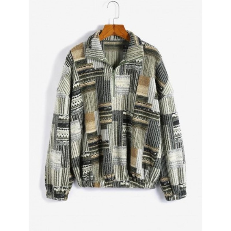 Aztec Print Drop Shoulder Half Zip Teddy Sweatshirt