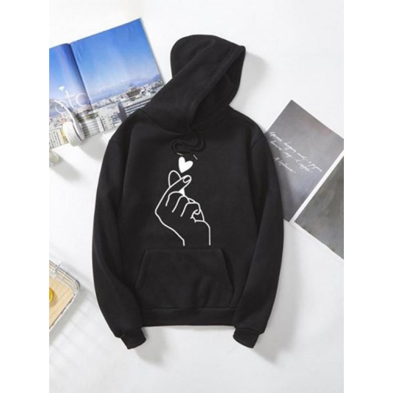 Heart Fingers Print Drop Shoulder Thermal Lined Hoodie