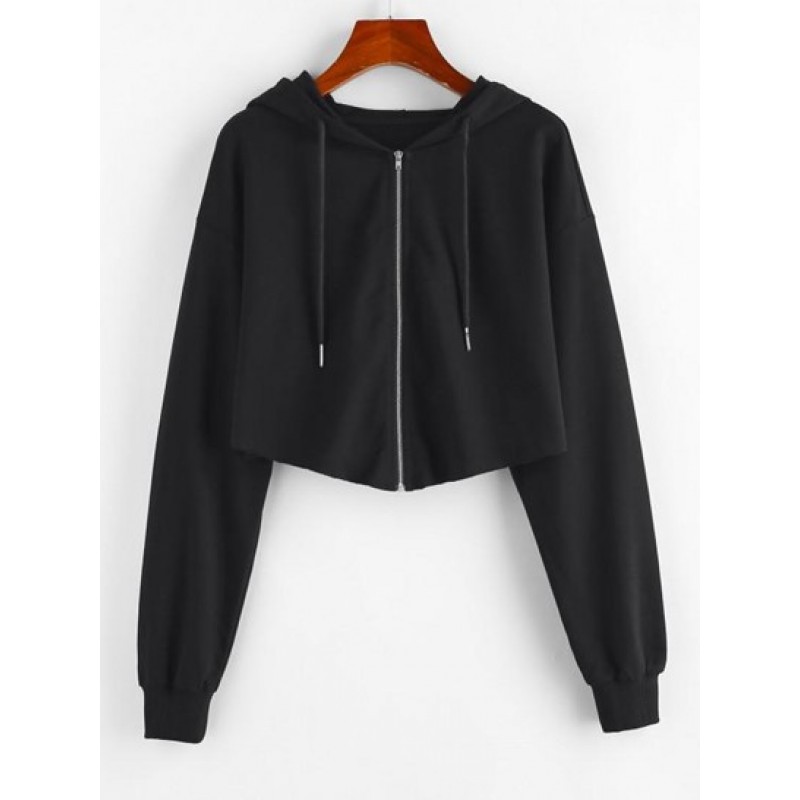 Raw Hem Zip Up Cropped Hoodie