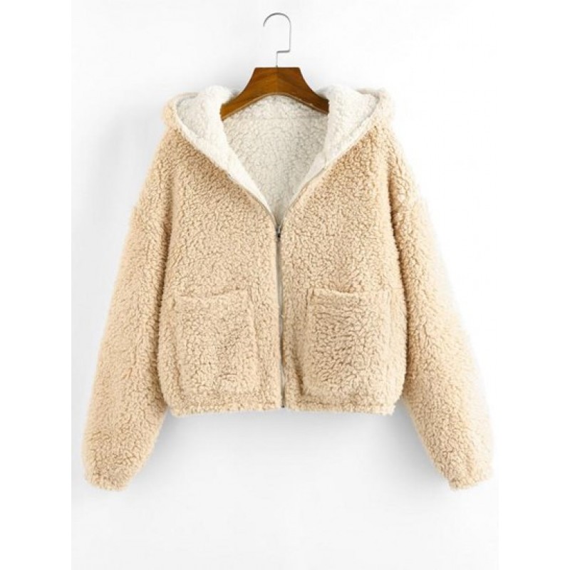 Reversible Hooded Pocket Drop Shoulder Teddy Coat