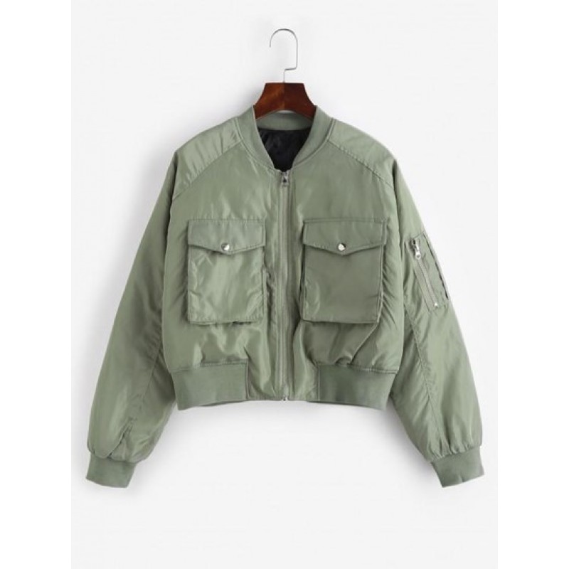 Quilted Pocket Raglan Sleeve Zipper Coat