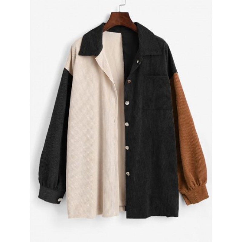 Boyish Colorblock Front Pocket Oversized Corduroy Shacket