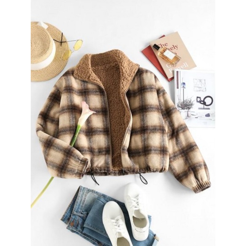 Drawstring Waist Teddy Lined Plaid Jacket