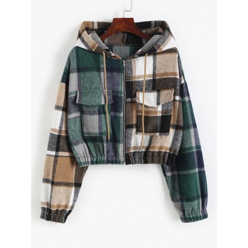 Hooded Plaid Cropped Jacket