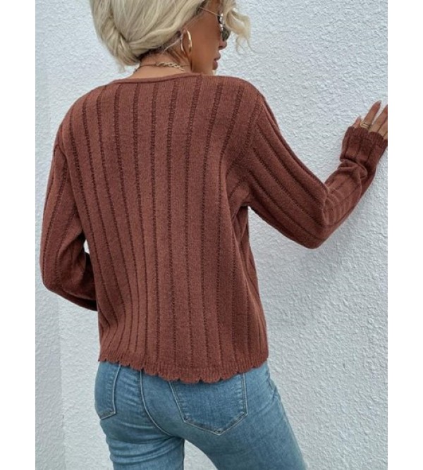 V Neck Ribbed Pearly Button Front Sweater